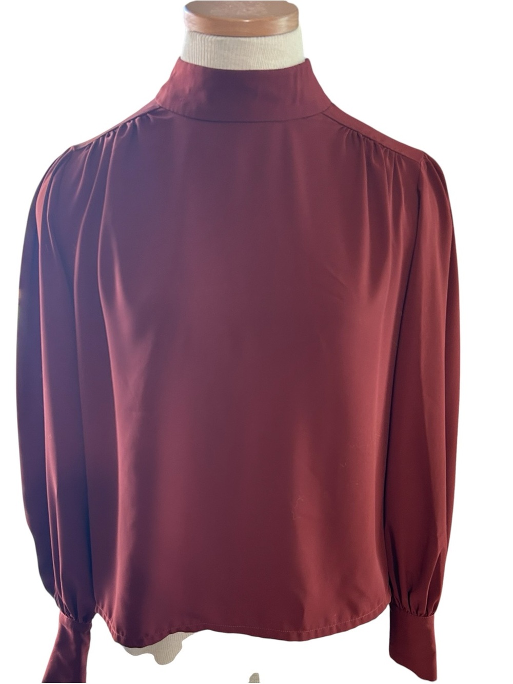 Joie Rust Burgundy Mock Neck Blouse Puff Sleeve Quiet Luxury Small Petite - Picture 3 of 10
